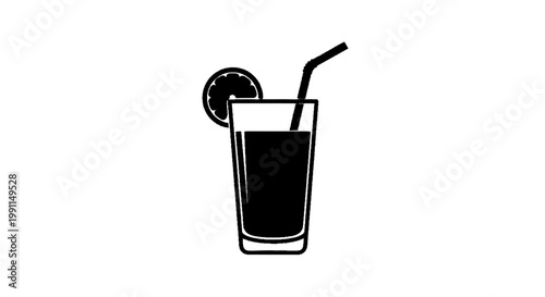 Vector illustration of black silhouette icon of a glass of lemonade with a straw and a lemon slice garnish on a transparent background