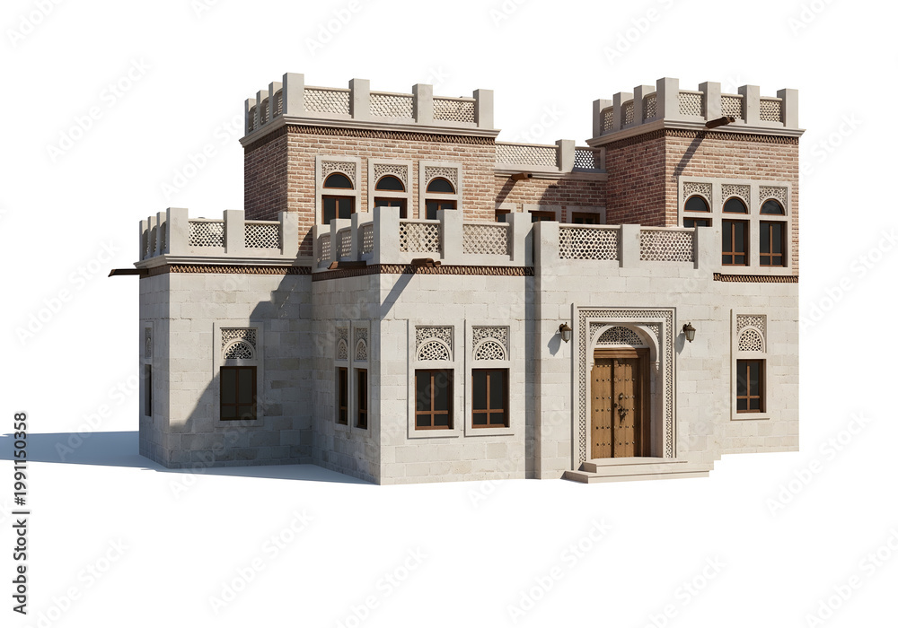 Fototapeta premium 3D rendering of a medieval castle with stone walls and towers