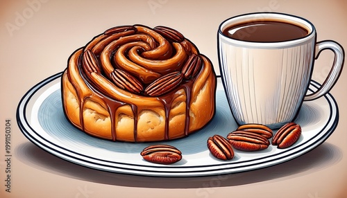 pecan sticky bun with coffee ai generation