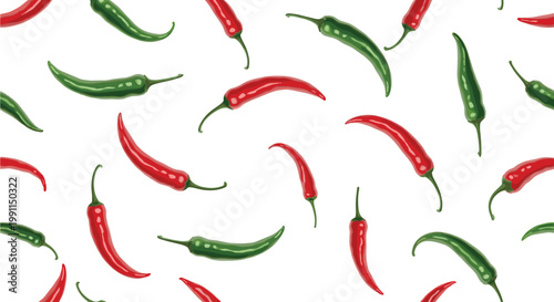  Realistic Red and Green Chili Pepper Seamless Pattern Background for Food, Spicy, Mexican, Cooking, and Kitchen Textile Illustration Designs