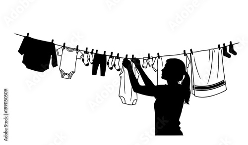 Black silhouette woman hanging clothes on line with baby garments vector for domestic life and outdoor routine