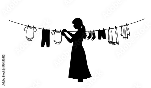 Minimalist vector silhouette of woman hanging laundry with baby clothes outdoors for household chores illustration