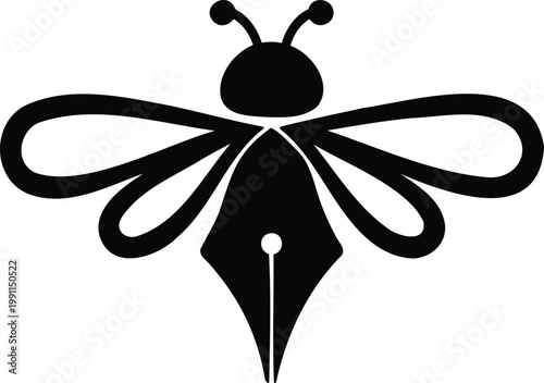 Black bee insect with pen nib wings writing symbol logo graphic design element