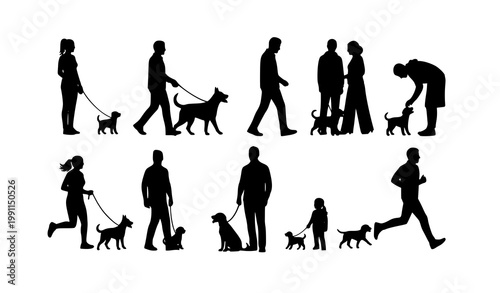 Silhouette vector set of people walking dogs in active outdoor poses for pet care and lifestyle illustrations
