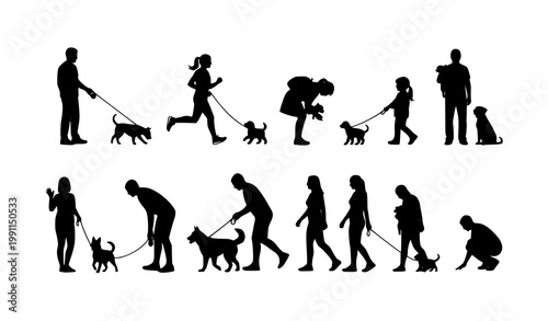 Active outdoor vector silhouettes of people walking dogs for pet care and lifestyle illustrations