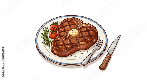 Grilled T-Bone Beef Steak with Butter and Rosemary on a Plate Illustration