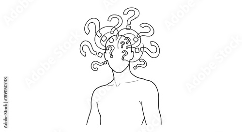 A minimalist line drawing of a person with question marks for hair.
