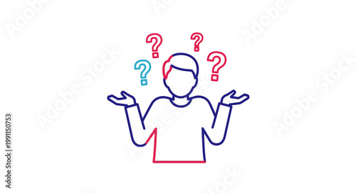 A person with question marks thinking confused.
