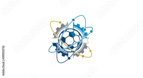 Soccer ball surrounded by gears and atoms.