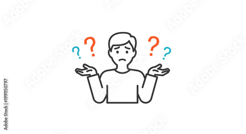 A person with questioning expression and question marks.