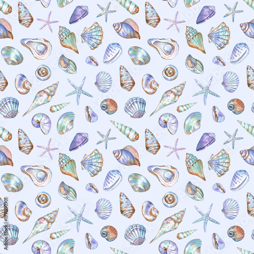 Sea shells seamless pattern on warm blue background. Elements are painted in watercolor. Detailed and elegant nautical design for fabric, home textile, wallpapers, wrapping paper