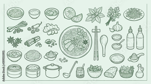 A detailed illustration showcasing a variety of ingredients and dishes commonly found in Asian cuisine, including spices, herbs, vegetables, and prepared meals.