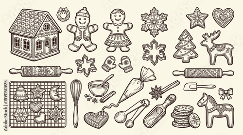 A detailed illustration of various Christmas-themed baking ingredients, tools, and finished gingerbread cookies and decorations.