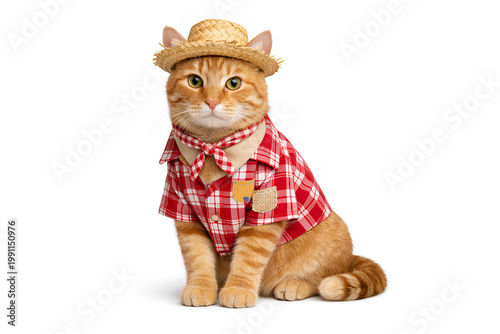 Foto Domestic cat wearing traditional Festa Junina outfit isolated on pure white back