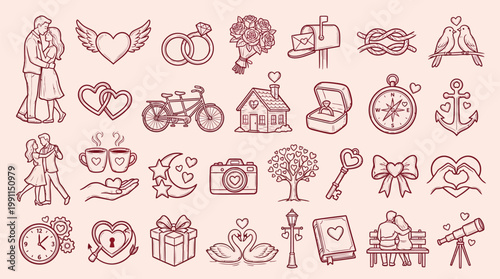 Collection of hand-drawn romantic icons and symbols representing love, relationships, and celebrations, including couples, hearts, rings, and wedding elements.
