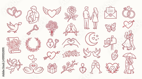 A collection of romantic and love-themed line art illustrations, featuring hearts, couples, animals, and symbols of affection.