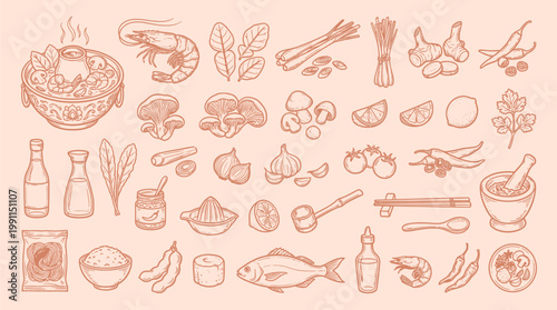 A charming hand-drawn illustration featuring a diverse collection of ingredients and kitchenware commonly used in Asian cuisine, presented in a warm, monochromatic palette.