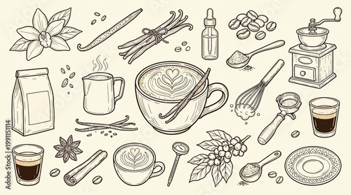 A charming hand-drawn illustration featuring a delightful collection of coffee and vanilla-themed elements, perfect for culinary and beverage themes.