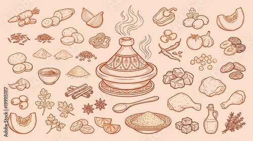 A vibrant collection of ingredients and a tagine pot, illustrating the art of Moroccan cuisine and culinary preparation.