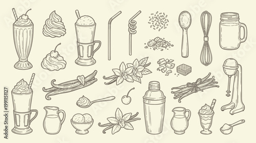A collection of hand-drawn illustrations depicting various elements related to vanilla, including beans, flowers, desserts, and preparation tools.