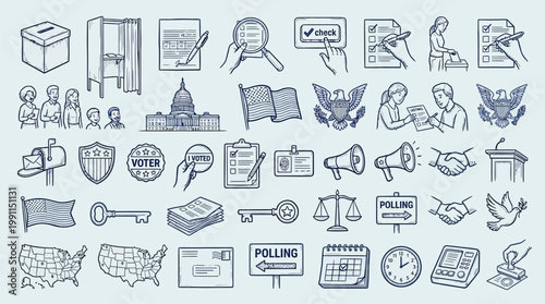 A comprehensive collection of hand-drawn vector icons representing various aspects of voting, elections, and civic engagement.