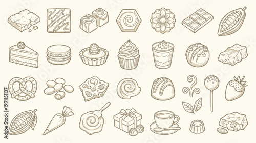 A charming collection of hand-drawn confectionery and chocolate illustrations, showcasing a variety of sweet treats and baking elements.