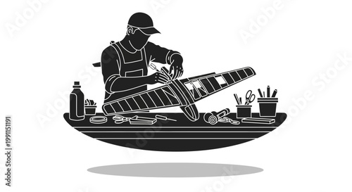 Man Building Model Airplane Silhouette Illustration