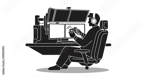 Professional gamer silhouette with multi monitor setup and controller