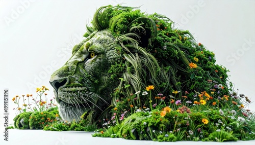 Lion Head Sculpture Covered in Lush Green Moss and Wildflowers.