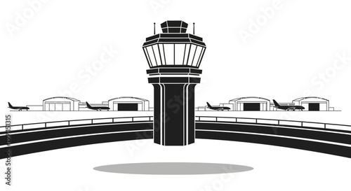 Airport Control Tower with Jet Airplanes on Tarmac Vector