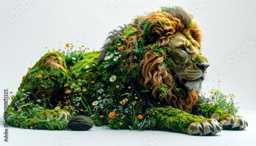 Majestic Lion Sculpture Adorned with Lush Greenery and Vibrant Wildflowers.