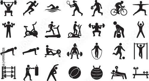 Comprehensive fitness silhouette set featuring gym exercises, running, push ups, stretching, strength training and athletic workout poses isolated on white background vector
