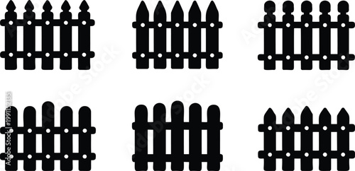 Collection of various wooden fence silhouettes on white background