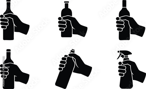 Black silhouettes of hands holding bottles and a sprayer in various positions