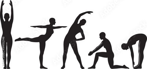 Fitness and yoga silhouette collection featuring stretching, meditation, balance poses, bodyweight exercises and healthy lifestyle activity icons isolated on white background vector set