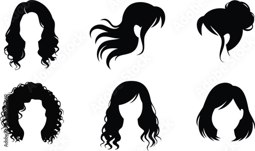 Six black silhouettes of various hairstyles on white background