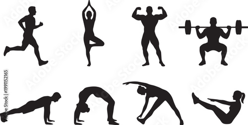Gym fitness silhouette set featuring weightlifting, barbell exercises, strength training, workout poses and athletic activity icons isolated on white background vector collection