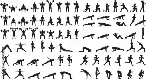 Fitness and workout silhouette collection with gym exercises, yoga poses, running and strength training activities, minimal vector set isolated on white background