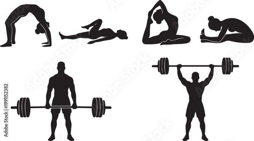 Fitness silhouette collection featuring yoga poses, stretching, weightlifting and strength training exercises isolated on white background for health, workout, and active lifestyle concept