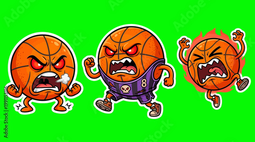 Angry Basketball Cartoon Characters with Fiery Expressions on Green Background.