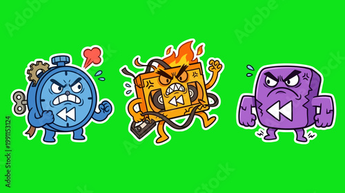 Angry Cartoon Characters Representing Time, Music, and Rewind Concepts.