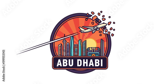 Abu Dhabi Cityscape with Airplane Flying Across the Sky.