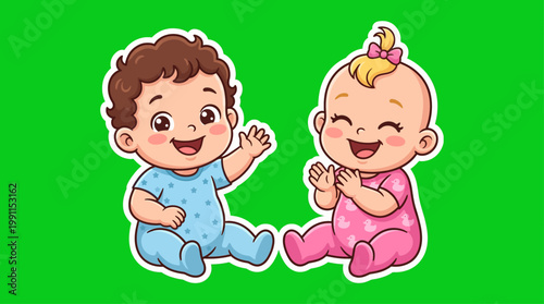 Adorable Cartoon Babies Smiling and Waving in Joyful Celebration.