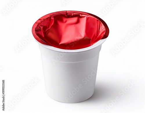 white plastic yogurt cup mockup with a partially peeled red foil lid isolated on a white background