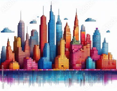 pixel art buildings forming a colorful city skyline with blocky structures on white background