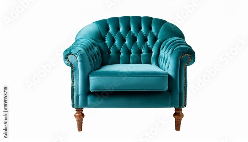 teal velvet armchair with tufted upholstery presenting classic elegant living room furniture isolated