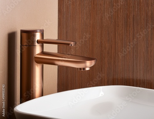 modern minimalist faucet in small bathroom with brown accent