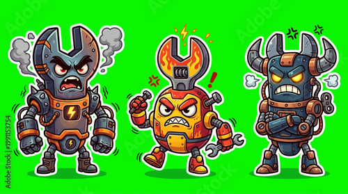 Cartoon robot characters with wrench heads and angry expressions on green background.