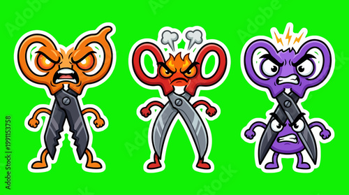 Cartoon Scissors Characters with Angry Facial Expressions on Green Background.