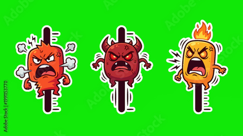 Cartoon Skewers with Angry Expressions on Green Background.